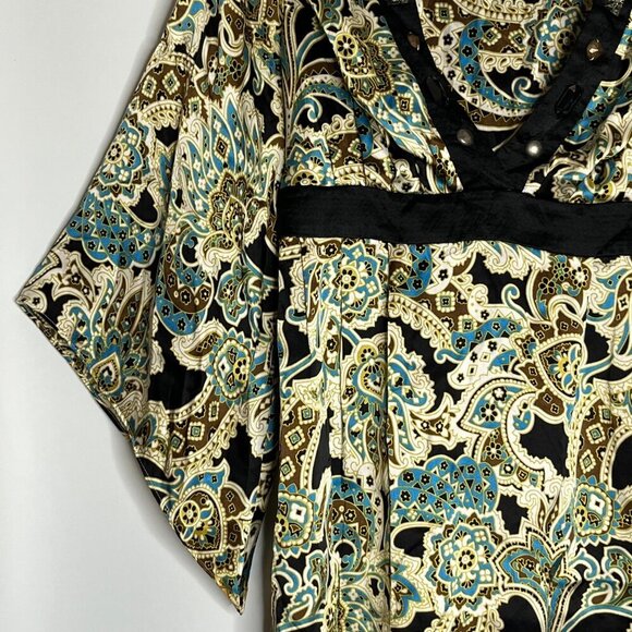 Alice and Trixie 100% Silk Green Black Paisley Empire Tie Waist Blouse Medium - Picture 3 of 9